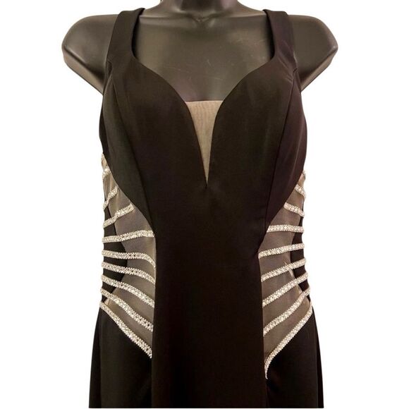 La Femme Sleeveless Mesh Cut Out Crystal Sides Full Length Black Mermaid Dress 8 - Picture 7 of 16